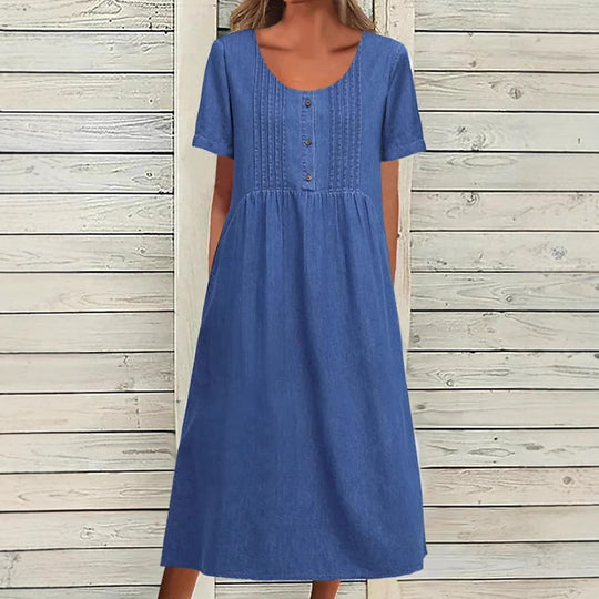 Damen Freizeitkleid mit knöpfigem Oberteil und eleganter Raffung Heidi-Mode