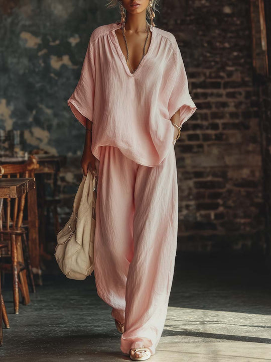 Damen nan lässiges zweiteiliges Leinenoptik-Set mit tiefem V-Ausschnitt, Oversize-Bluse und weitem Palazzo-Hosen EB