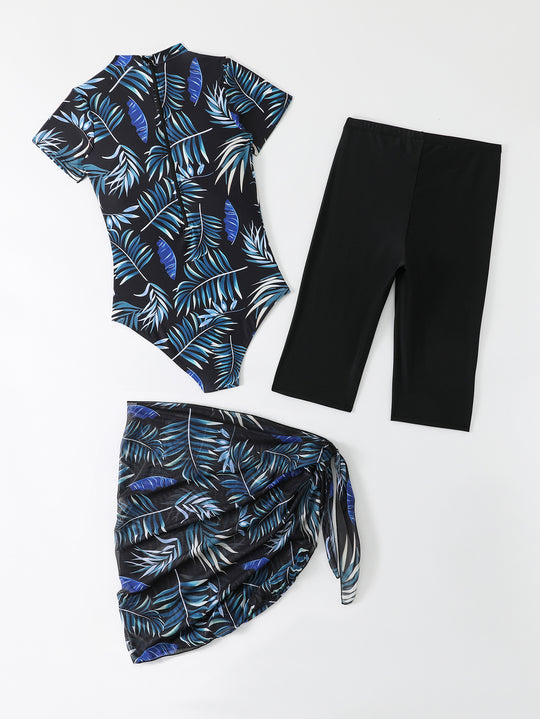 Damen Sportlicher Einteiler Badeanzug mit ergänzenden Leggings und Wickelrock EB