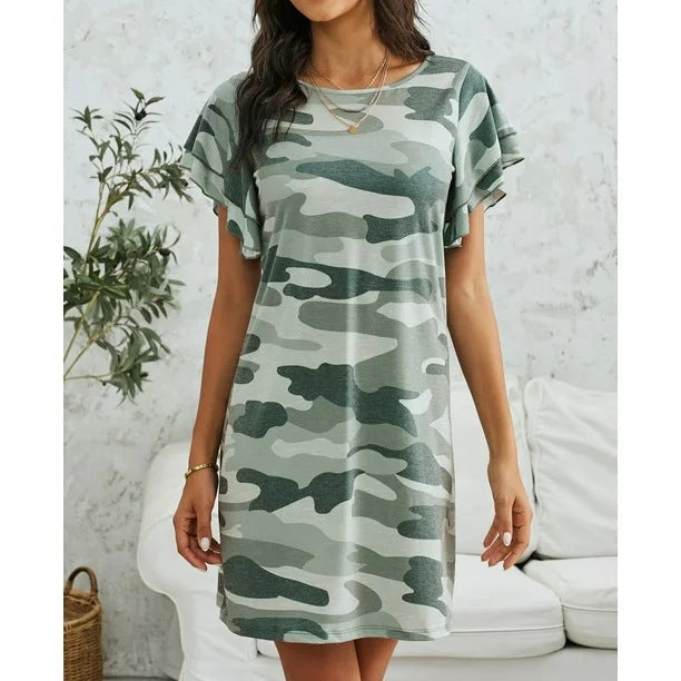 Damen Freizeitkleid mit Rüschendetails und Camouflage-Design EB