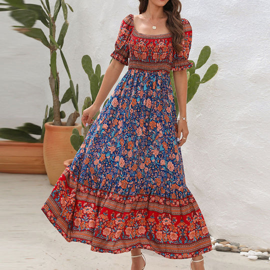 Damen Maxikleid mit voluminösen Puffärmeln und floralem Muster EB