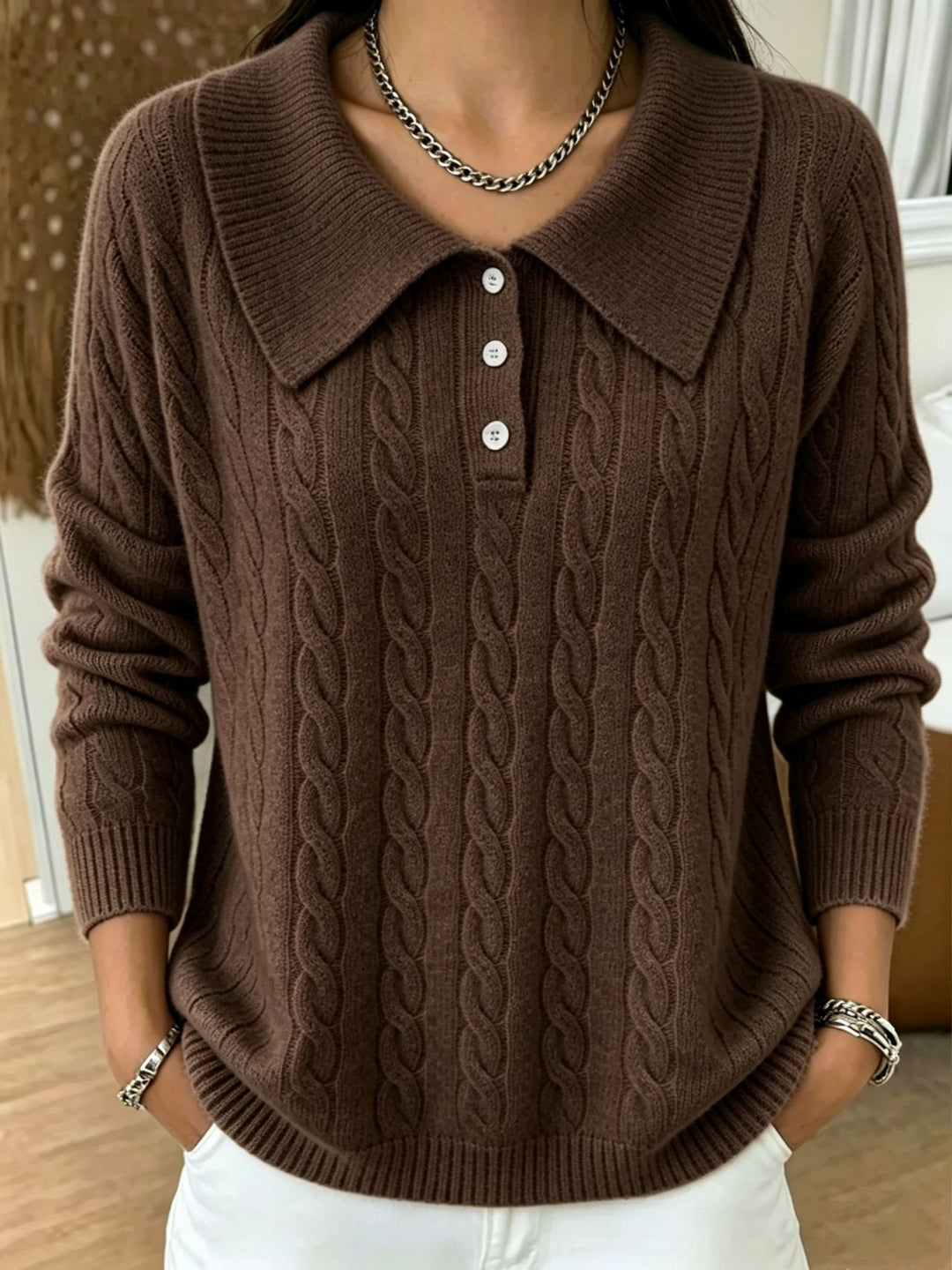 Damen Kabelstrick-Polo-Pullover mit großem Umlegekragen und lockerer Silhouette EB
