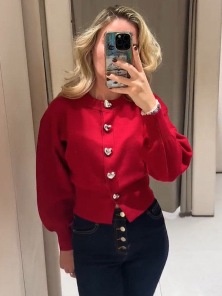 Damen Pullover mit Herzknöpfen und Puffärmeln EB