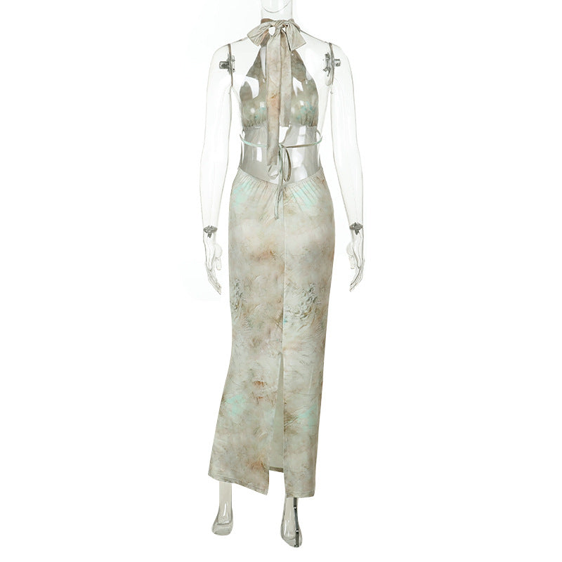 Damen elegantes Maxikleid mit kreativem Schlitz und schimmerndem Wasserfallausschnitt EB