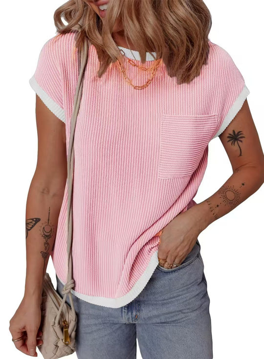 Damen modisches T-Shirt mit strukturiertem Material und Brusttasche EB