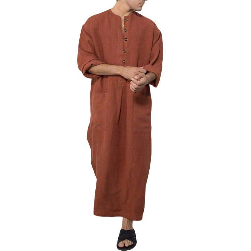 Herren nan weites langes Tunika-Kaftan aus atmungsaktivem Leinen mit Stehkragen Knopfblende und aufgesetzten Taschen EB