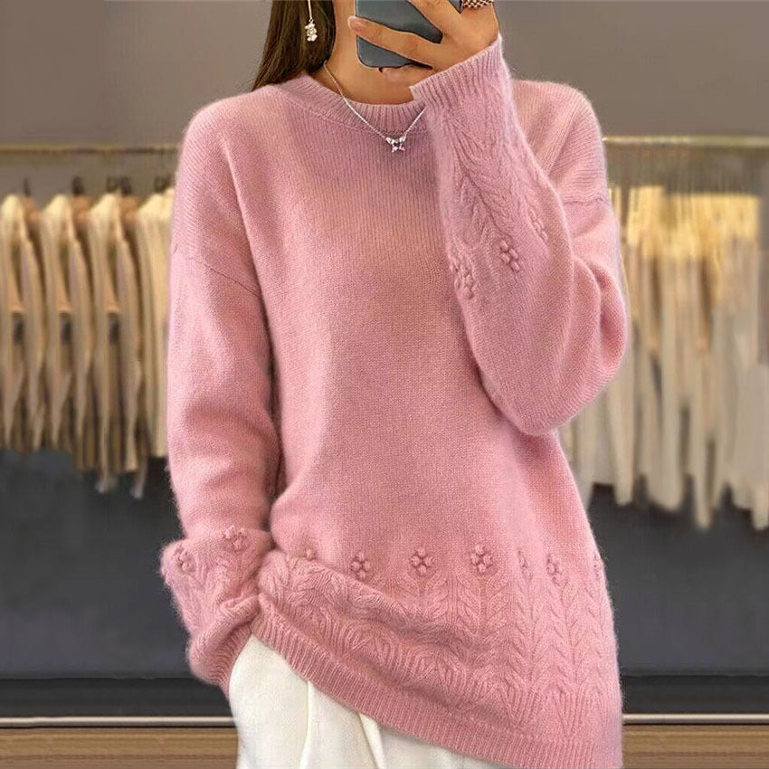 Damen nan kuscheliger Oversize Kaschmir-Mix Pullover mit Zopfmuster und Perlenapplikation EB