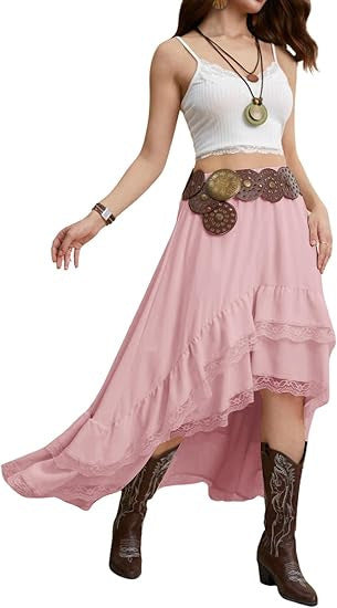 Damen Boho Maxi-Rock mit asymmetrischem Saum und Spitzenverzierungen EB