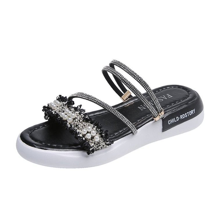 Damen modische Riemchen-Sandalen mit Perlenschmuck und gepolsterter Sohle EB