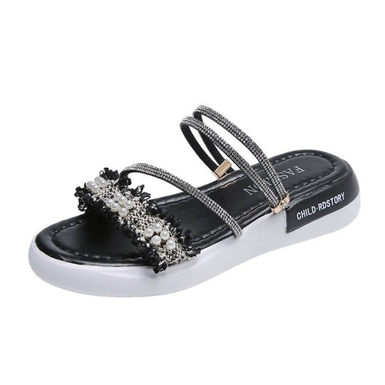 Damen modische Riemchen-Sandalen mit Perlenschmuck und gepolsterter Sohle EB