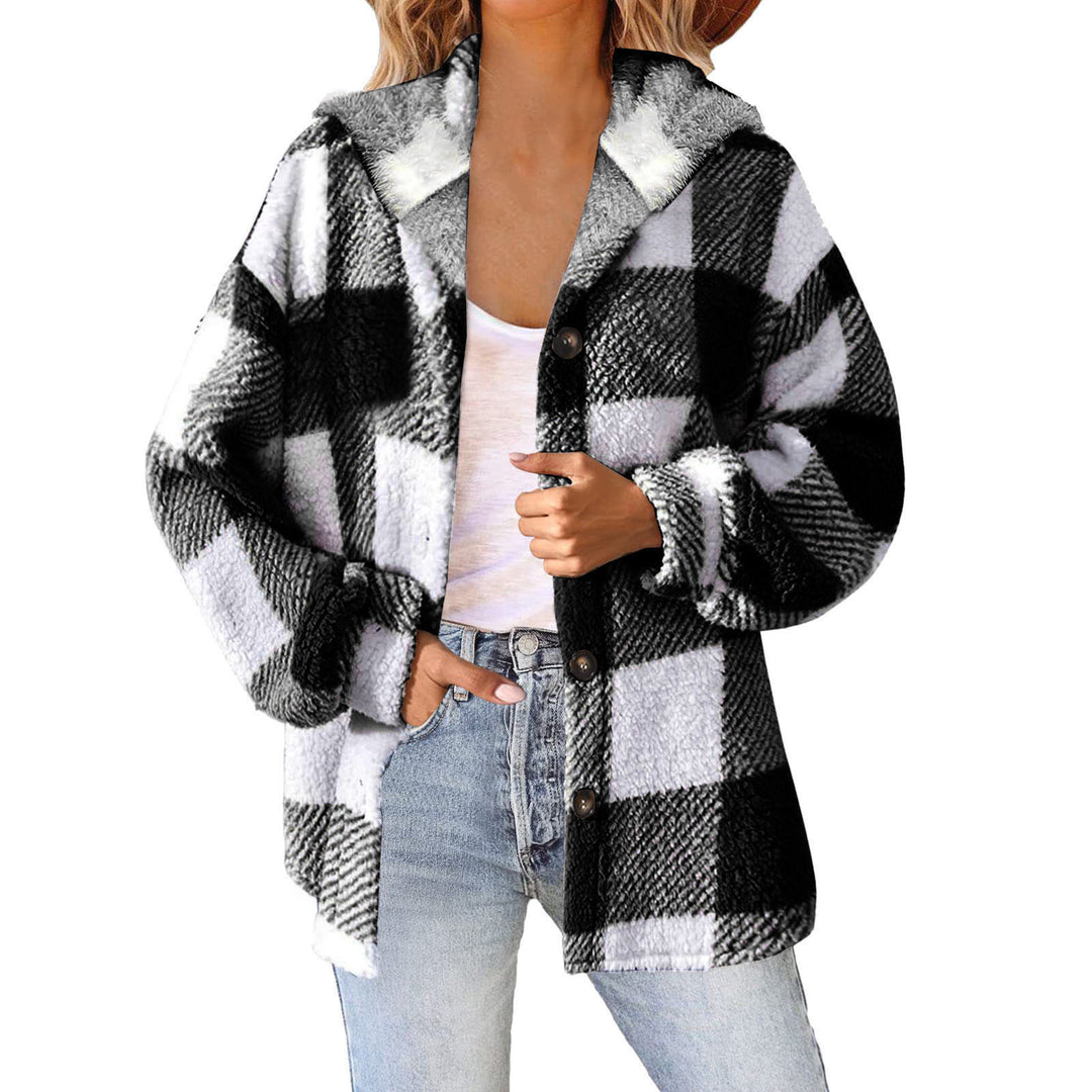 Damen nan kuschelige karierte Teddyjacke mit Kapuze, Knopfverschluss und oversized Schnitt EB