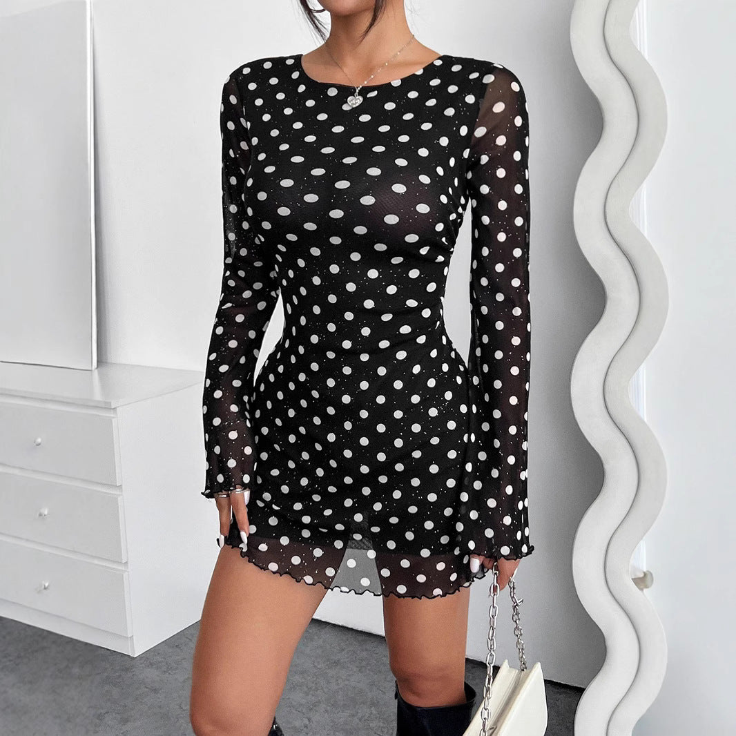 Damen Polka-Dots Minikleid mit langen Ärmeln EB