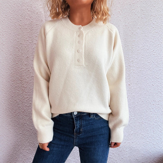 Damen gemütlicher Strickpullover mit Knopfdetails EB