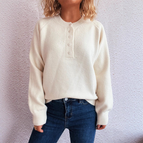 Damen gemütlicher Strickpullover mit Knopfdetails EB