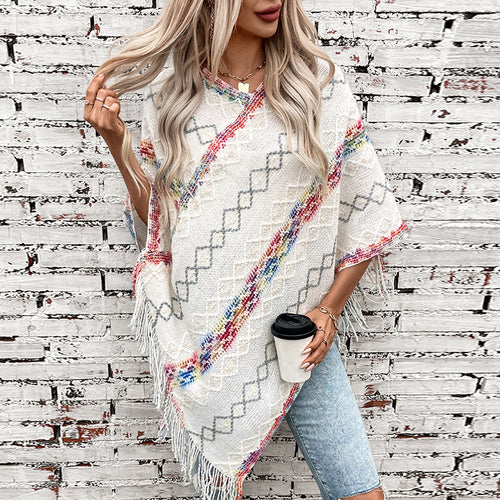 Damen modischer Wickelpullover mit fransigem Saum und einzigartigem Muster EB