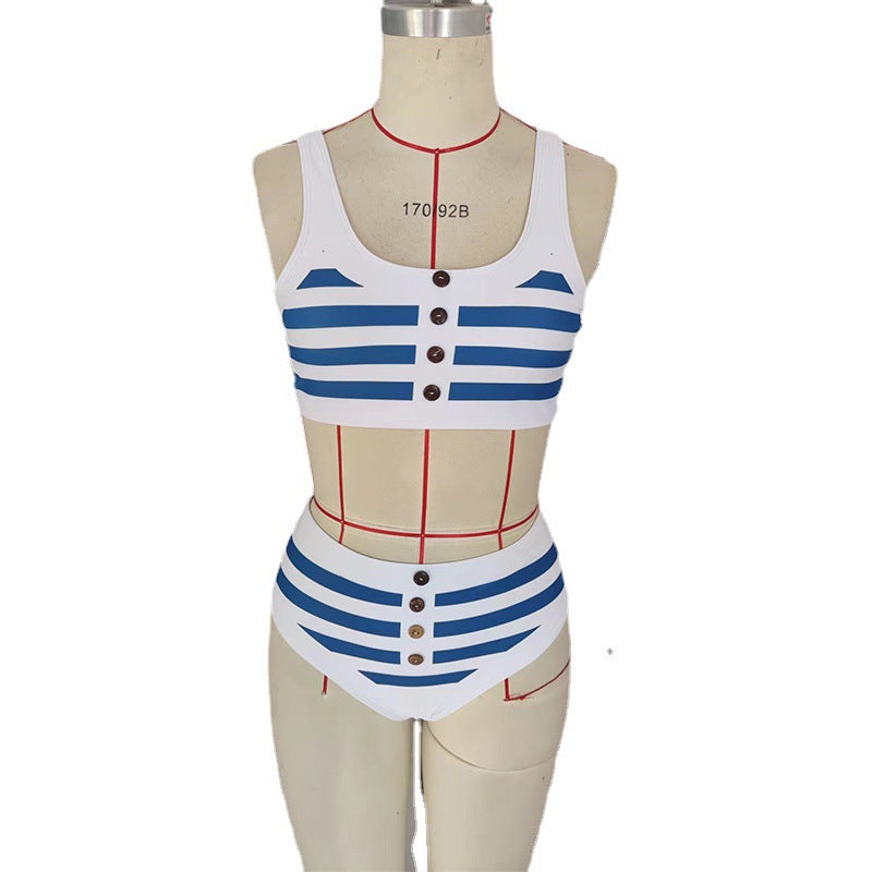 Damen Zweiteiliges Bikini-Set mit nautischem Streifenmuster und dekorativen Knöpfen EB