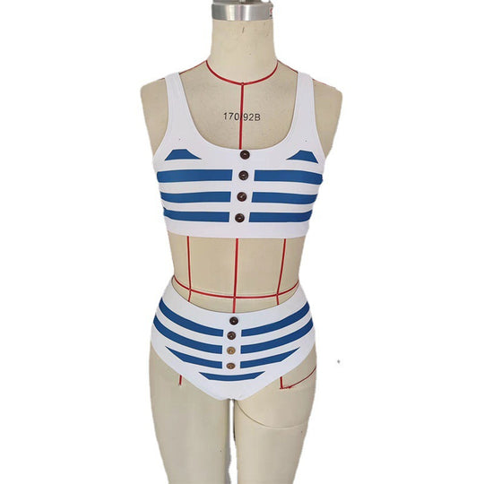 Damen Zweiteiliges Bikini-Set mit nautischem Streifenmuster und dekorativen Knöpfen EB
