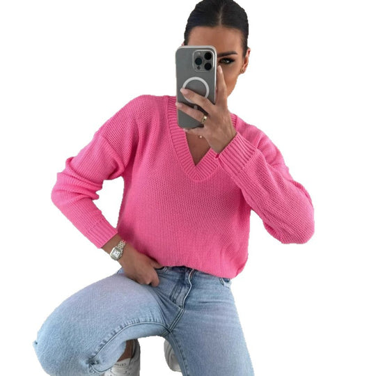 Damen Strickpullover mit tiefem V-Ausschnitt und legerem Schnitt EB