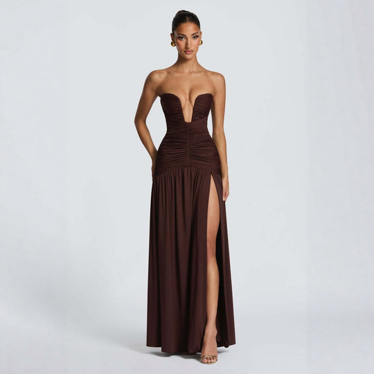 Damen Abendkleid mit tiefem V-Ausschnitt und eleganter Drapierung EB