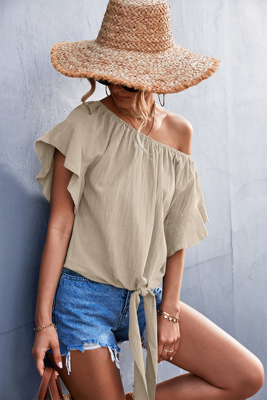 Damen luftiges Blusenshirt mit verspieltem Knoten und voluminösen Ärmeln EB
