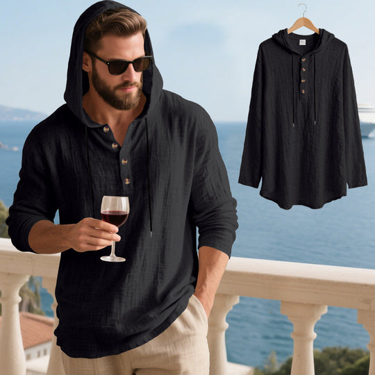Herren nan lässiges Kapuzen-Henleyshirt in Leinenoptik mit durchgehender Knopfleiste und relaxed Fit EB