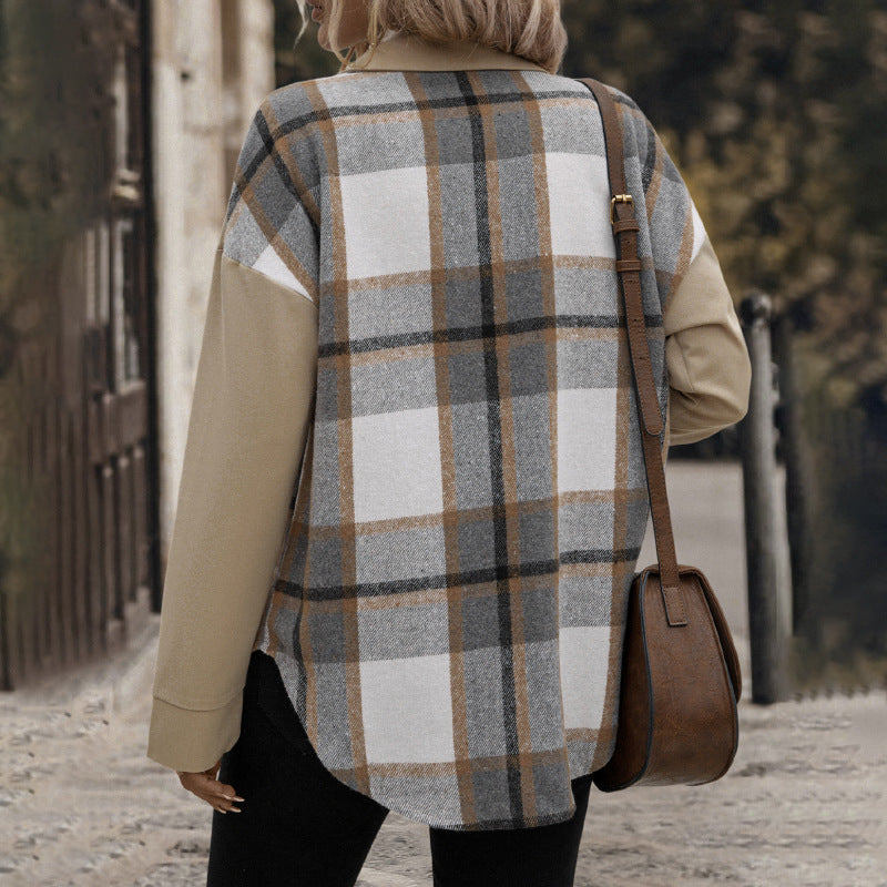 Damen Modische Karoschirtjacke mit Brusttaschen und Knopfleiste EB