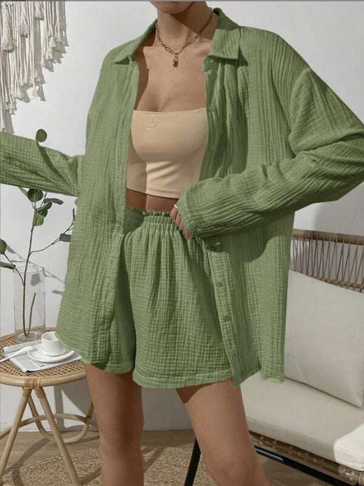 Damen nan luftig-leichter Zweiteiler Lounge-Set aus Baumwoll-Gauze mit Hemdbluse und elastischer Taillen-Shorts EB