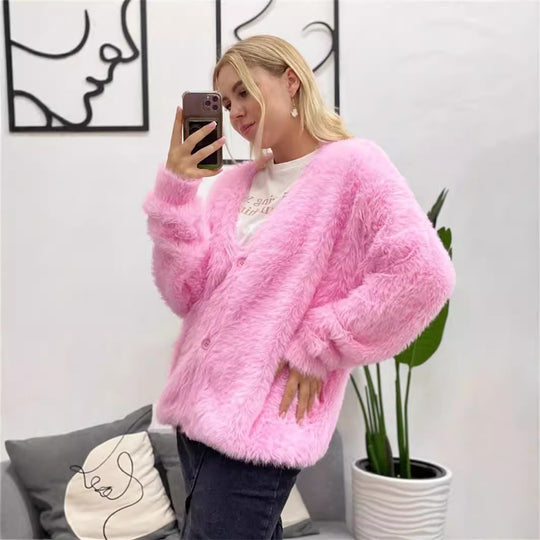 Damen gemütlicher Strickcardigan mit weichem Flauschmaterial und modischem Knopfdetail EB
