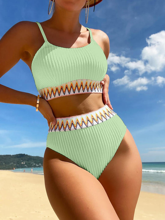 Damen Hochtailliertes Bikini-Set mit modischem Rippdesign und buntem Akzent EB