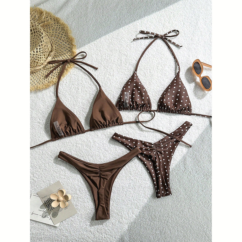 Damen Triangel-Bikini-Set mit Rüschendetails und gepunktetem Design EB