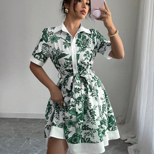 Damen Hemdblusenkleid mit floralem Muster und Taillengürtel EB
