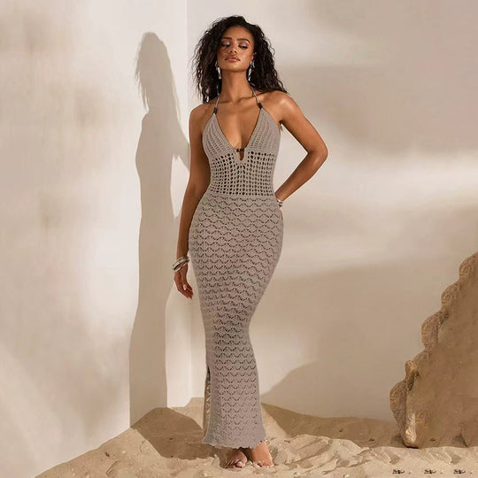 Damen elegantes gehäkeltes Strandkleid mit tiefem V-Ausschnitt EB