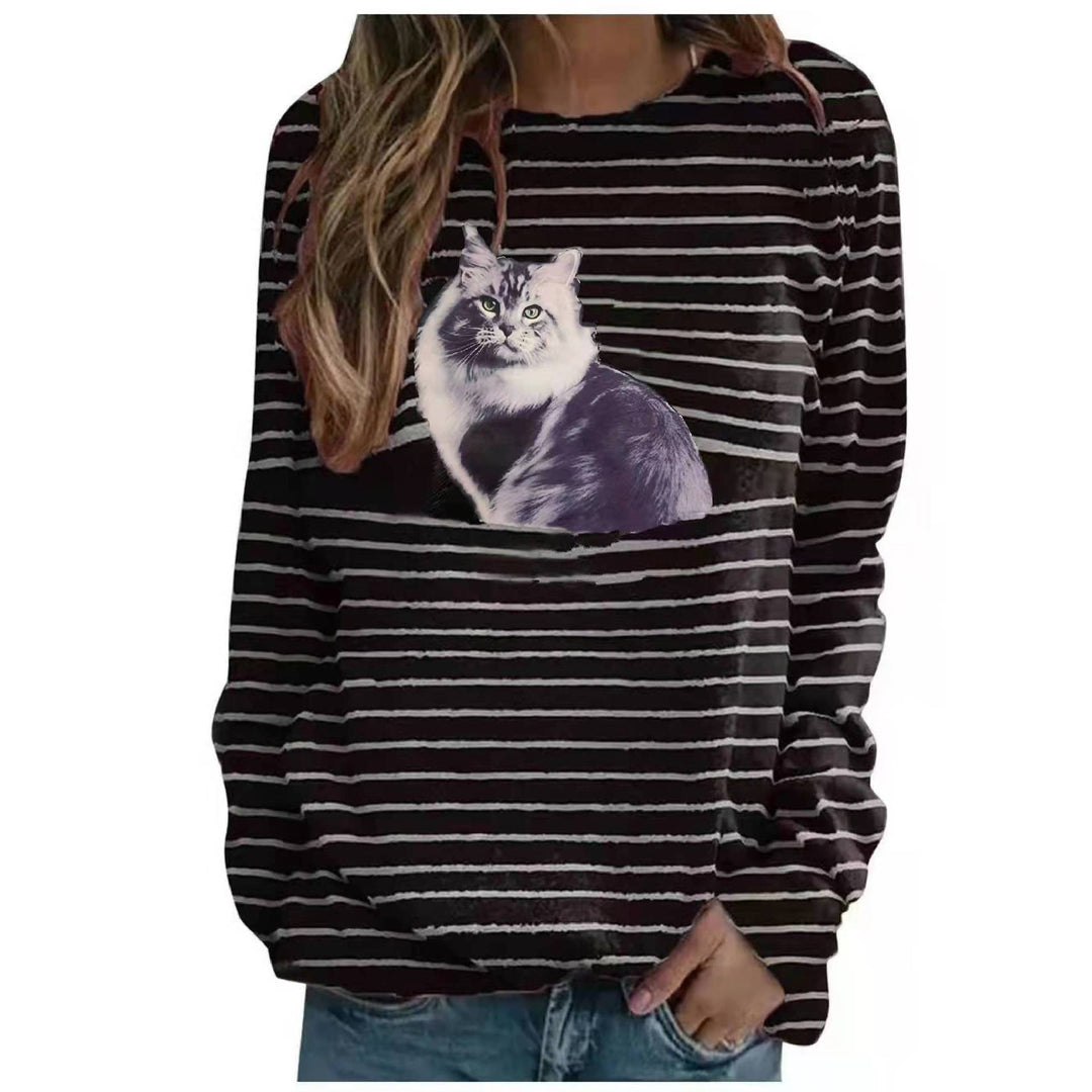 Damen nan lässiger Streifenpullover mit fotorealistischer Katzentasche und Rundhalsausschnitt EB