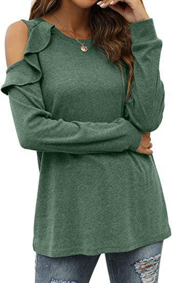 Damen Elegantes Langarmoberteil mit Rüschendetails und Kalt-Schulter Design EB