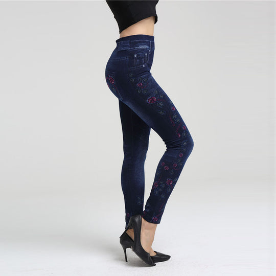 Damen Elegante Jeansleggings mit floralen Applikationen und hohem Bund EB