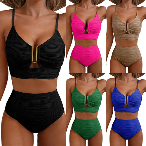 Damen Hochtaillierter Bikiniset mit Rippendetails EB
