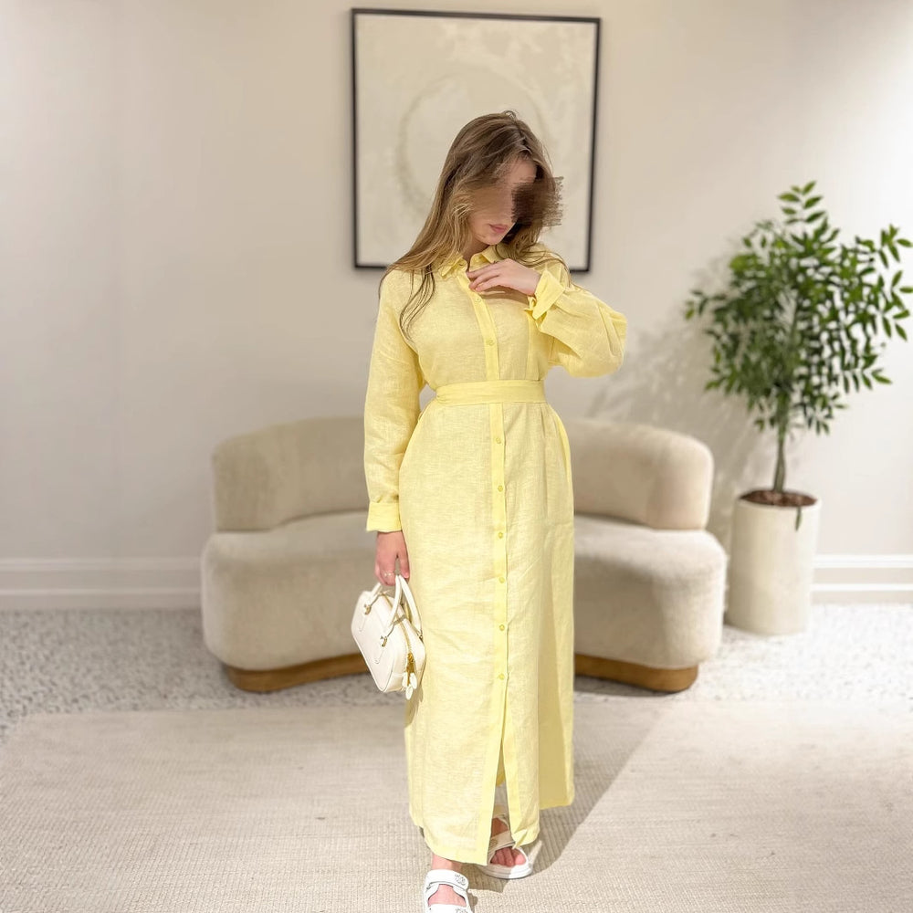 Damen Langarmhemdkleid mit Taillengürtel und Knopfleiste EB