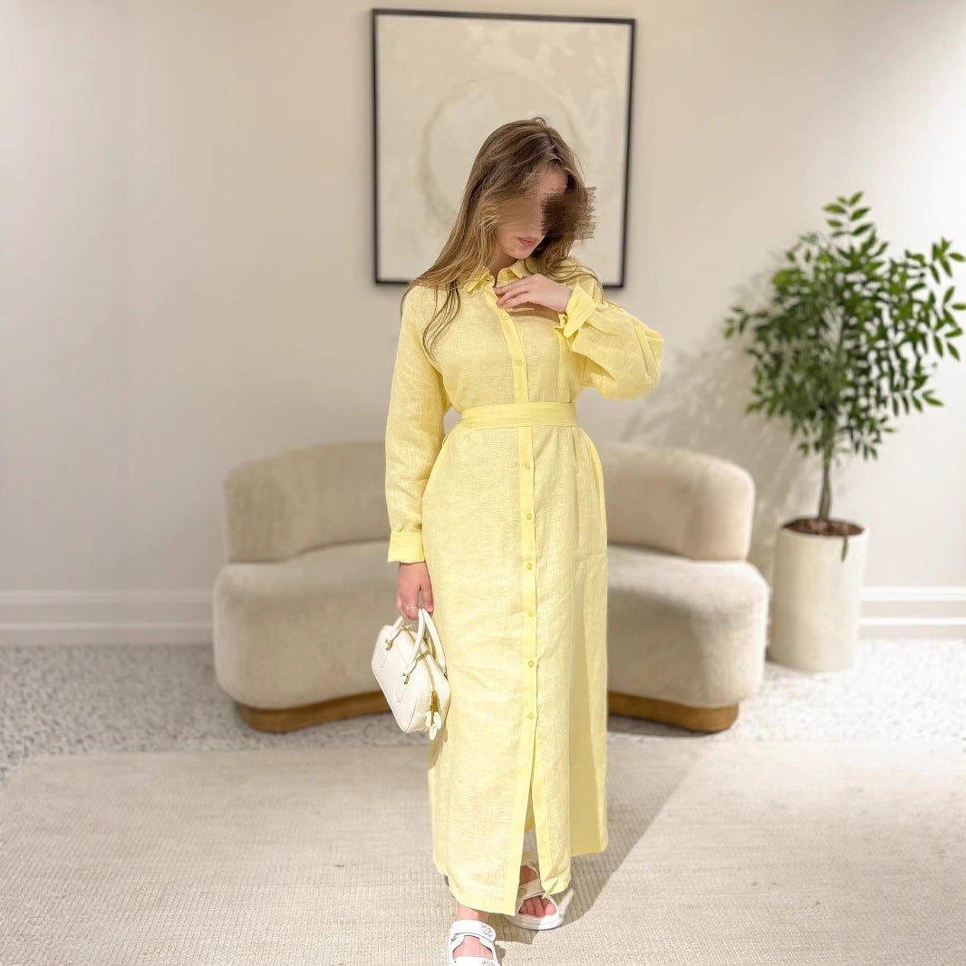 Damen Langarmhemdkleid mit Taillengürtel und Knopfleiste EB