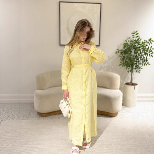 Damen Langarmhemdkleid mit Taillengürtel und Knopfleiste EB