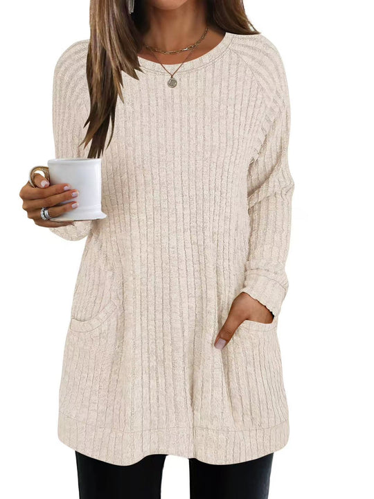Damen lässiger Strickpullover mit seitlichen Eingrifftaschen und Rippenstruktur EB