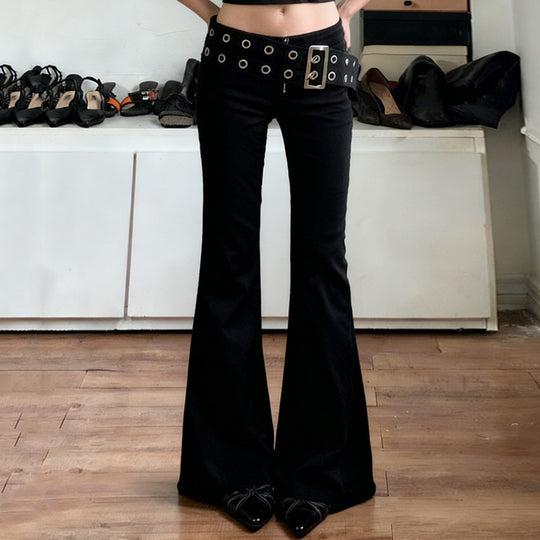 Damen Flared Jeans mit verstellbarem Gürtel und modischem Lochdesign EB