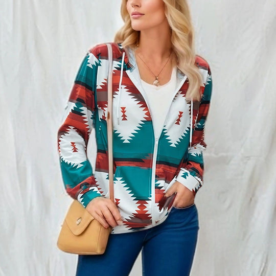 Damen Kapuzenjacke mit tribal inspiriertem Muster und praktischen Taschen EB