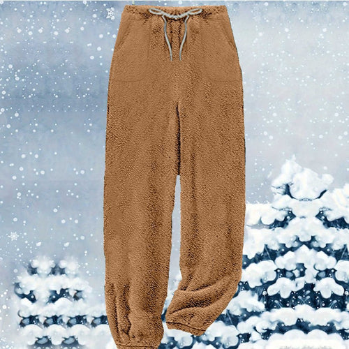 Damen nan kuschelige Sherpa-Fleece Loungehose mit Kordelzug, hoher Taille und elastischen Bündchen EB