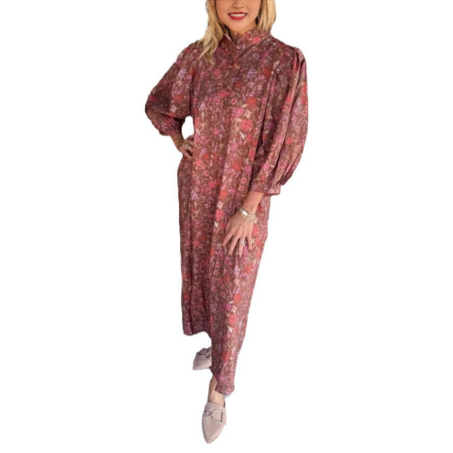 Damen Elegantes Maxikleid mit Stehkragen und weiten Ärmeln EB