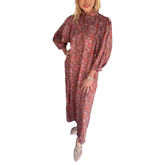 Damen Elegantes Maxikleid mit Stehkragen und weiten Ärmeln EB