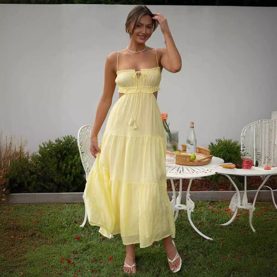 Damen luftiges Maxikleid mit Rüschendetails und verstellbarem Taillenband EB