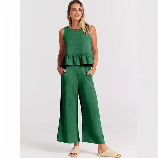 Damen Lässiger Peplum-Jumper mit weit geschnittenen Hosen EB