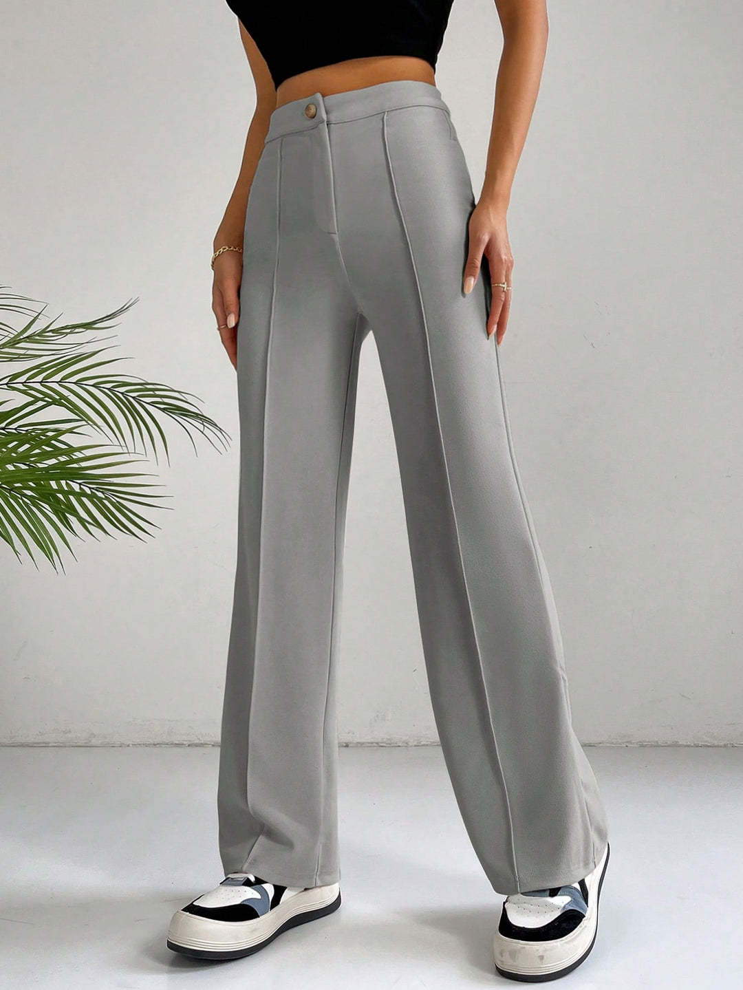 Damen Elegante High-Waist Hose mit seitlichen Nähten und schmalem Schnitt EB