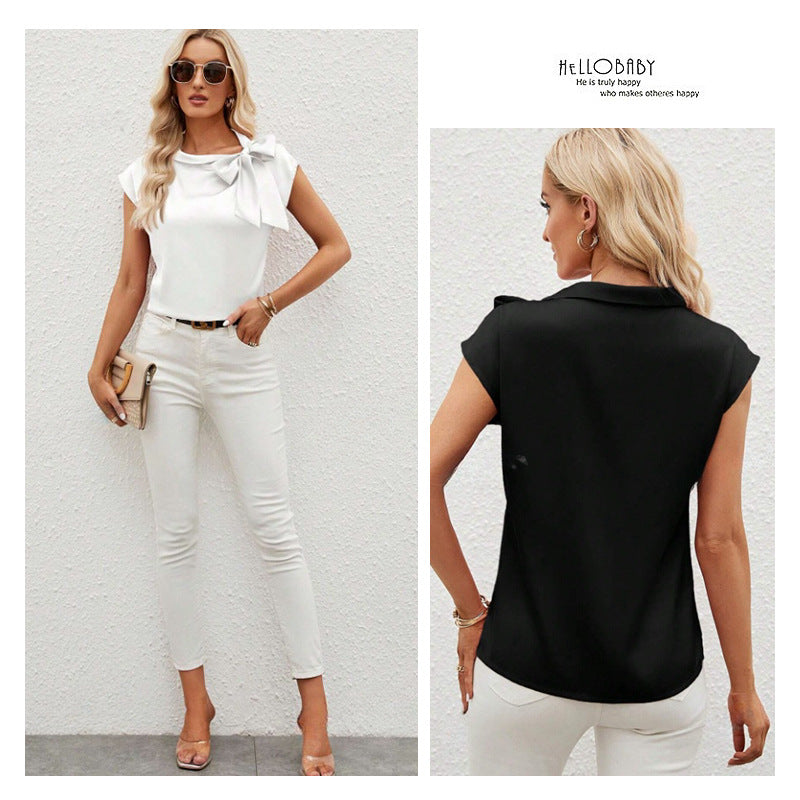 Damen elegante Bluse mit dekorativem Schleifen-Detail und schimmerndem Finish EB