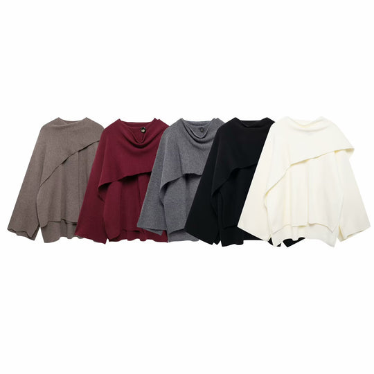 Damen nan zweilagiger Strickponcho mit asymmetrischem Saum und dekorativem Knopfkragen EB
